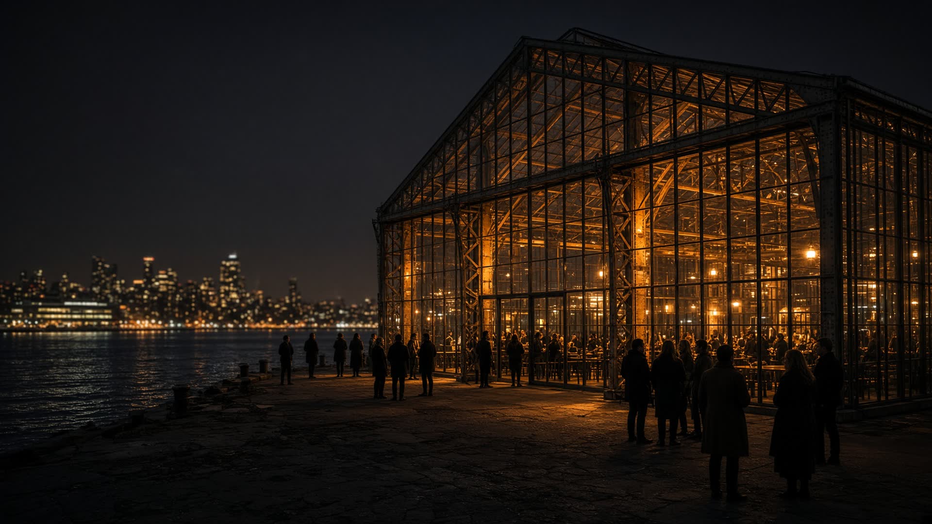 The Glasshouse at night, lit in warm ember along the waterfront.