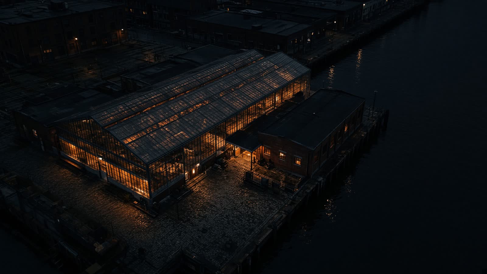 Aerial view of The Glasshouse on the Red Hook waterfront.