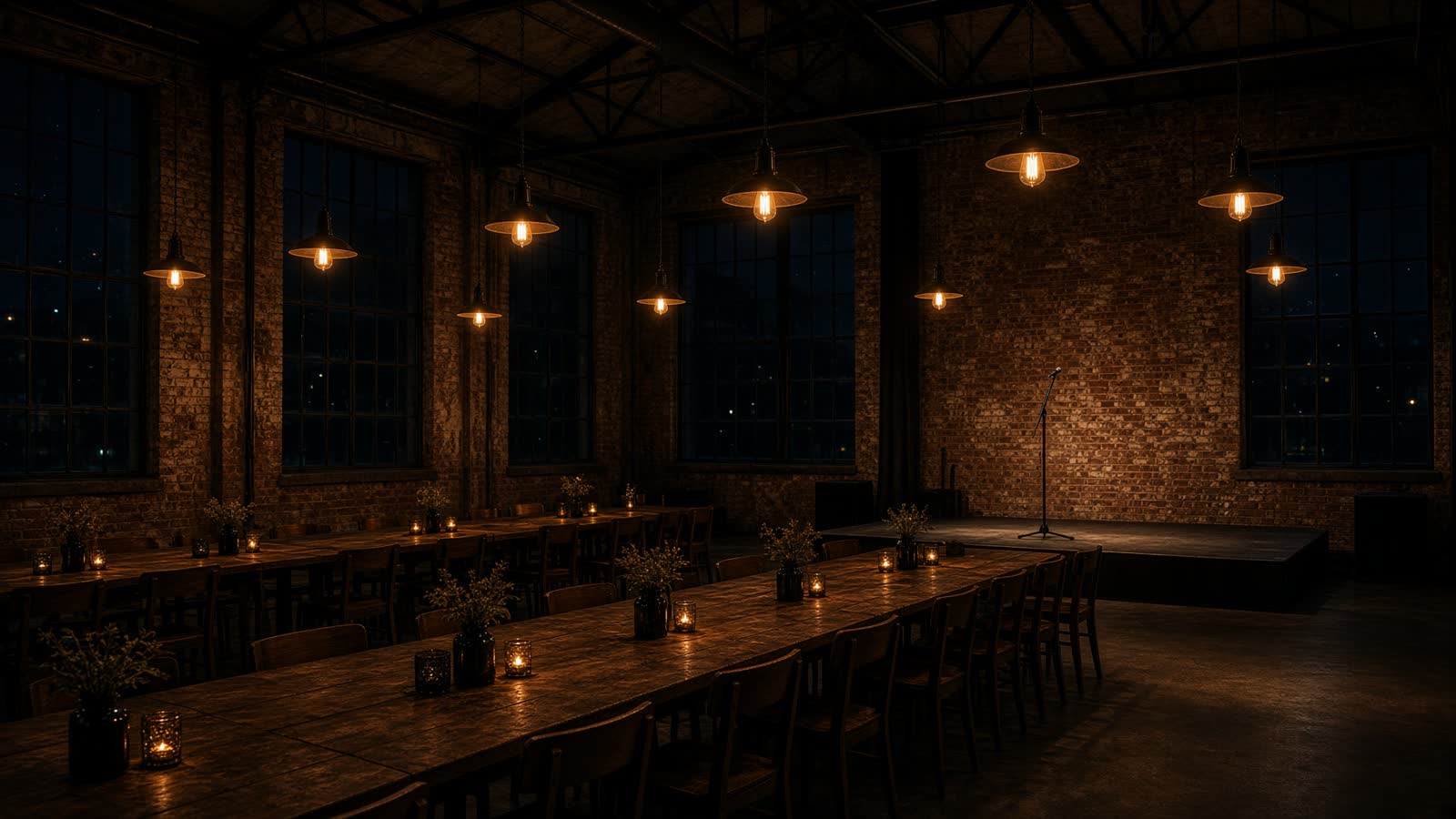 Interior of The Glasshouse: long tables, industrial lamps, a low stage.